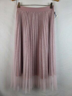 Story On Women's Skirt Size Medium Pink Shimmer Pleated Tule Elastic Waist
